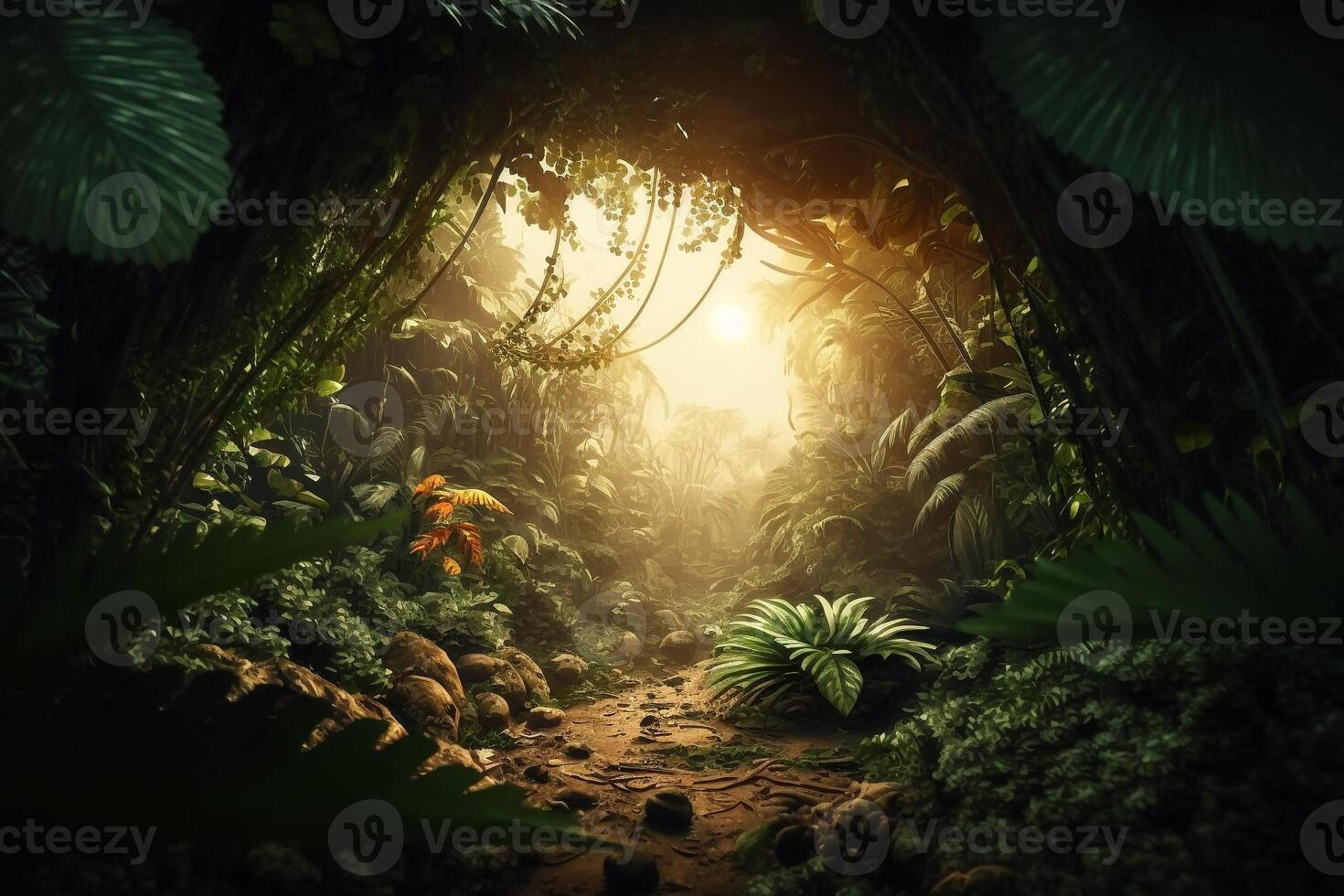 vuoto spazio soleggiato giungla foresta, tropicale natura Schermo scena generativo ai foto