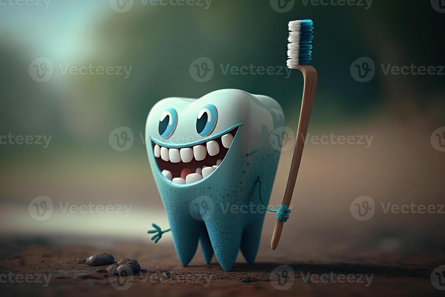 dente divertente personaggio con spazzolino dentale cura, orale igiene illustrazione generativo ai foto