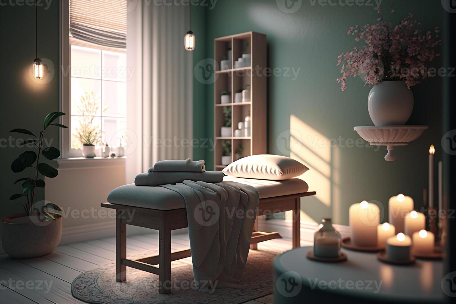 massaggio salotto, terme camera con massaggio letto per rilassamento generativo ai foto