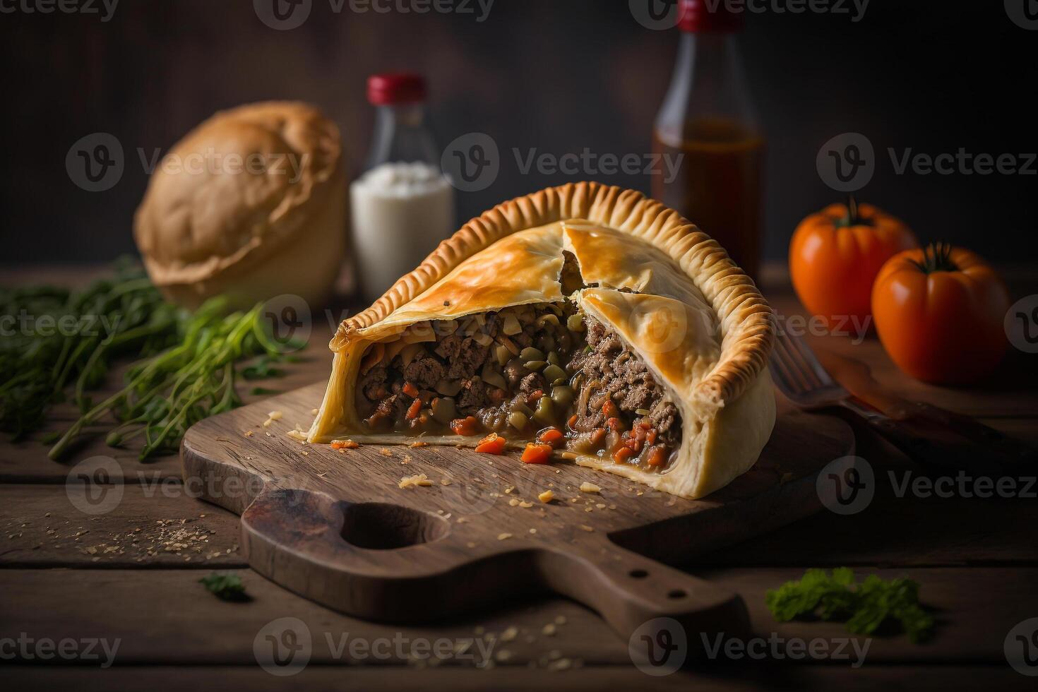 caldo carne torta con succoso Riempimento generativo ai foto