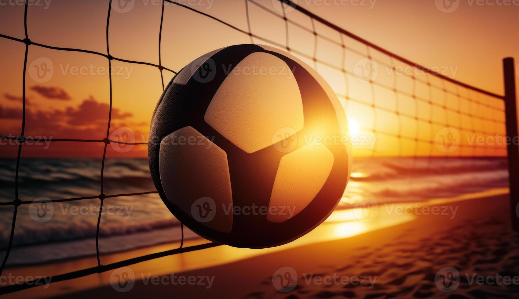 giocare pallavolo su il sera spiaggia contro il fondale di il ambientazione sole generativo ai foto