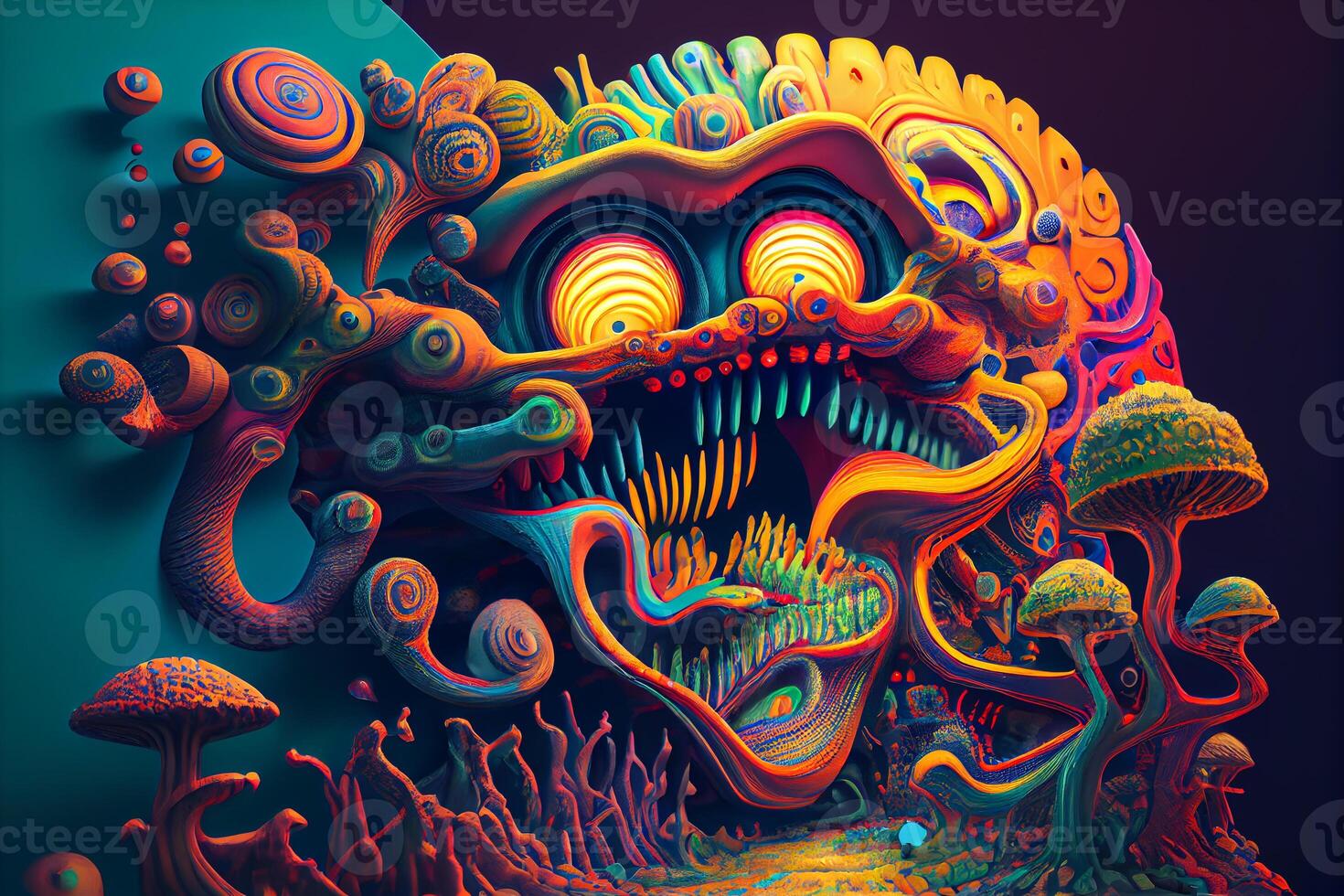 psichedelico colorato lsd viaggio cranio con hippy modelli e corallo sollievo illustrazione generativo ai foto