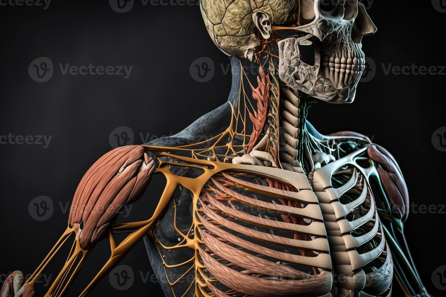 umano anatomico scheletro con muscoli e tendini illustrazione generativo ai foto