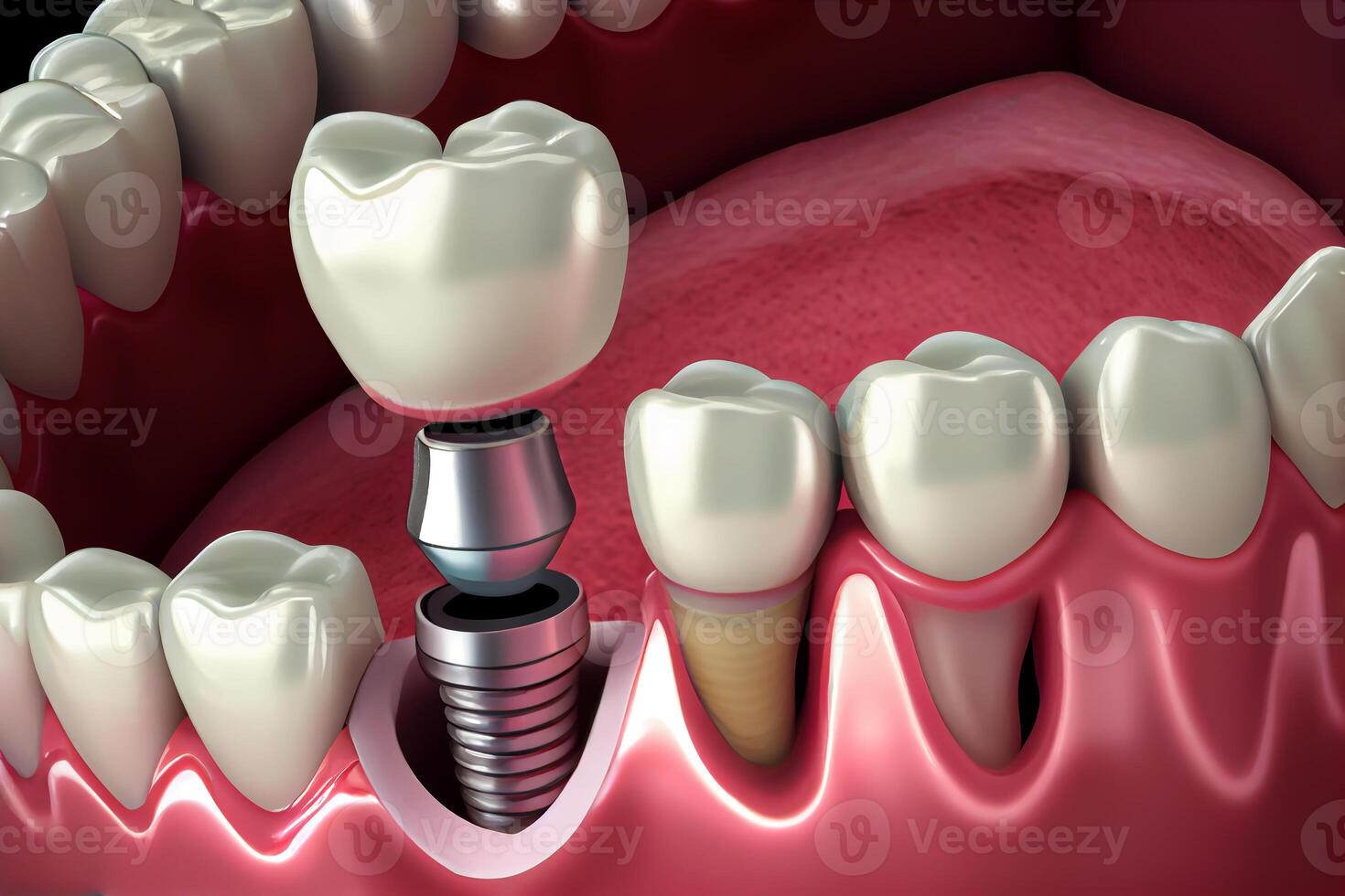 installazione impiantare dente, metallo vite e bianca corona dente di un' dentale cura illustrazione generativo ai foto