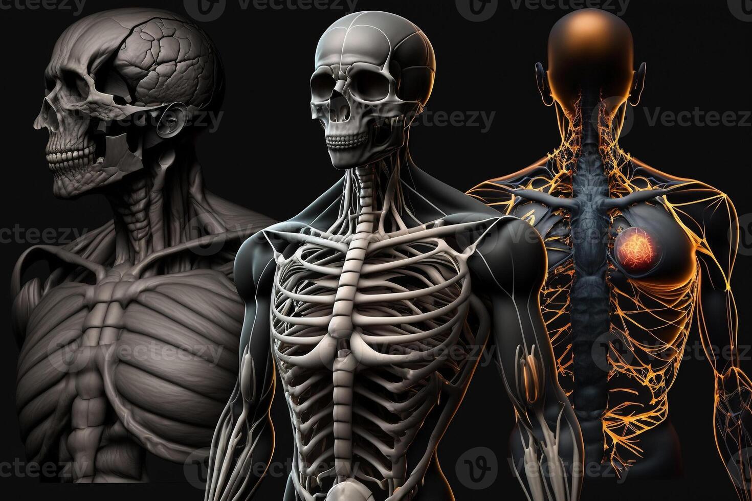umano anatomico scheletro con muscoli e tendini illustrazione generativo ai foto