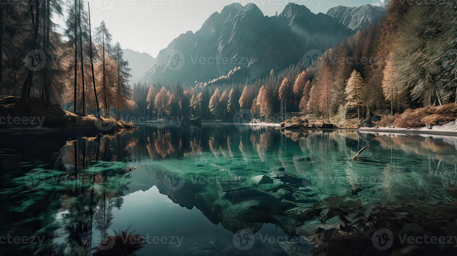 fantastico montagna lago nel triglav nazionale parco. collocato nel il bohinj valle di il julian Alpi. drammatico insolito scena. slovenia, Europa. bellezza mondo. generativo ai. foto