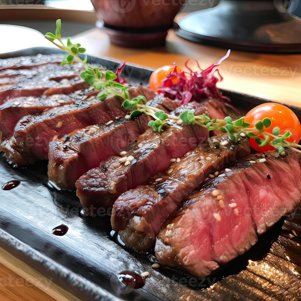 succoso medio Manzo costola occhio bistecca fette nel un' padella su un' di legno tavola con un' forchetta e coltello erbe aromatiche spezie e sale. grigliato Manzo bistecche con spezie su di legno taglio tavola. generativo ai foto