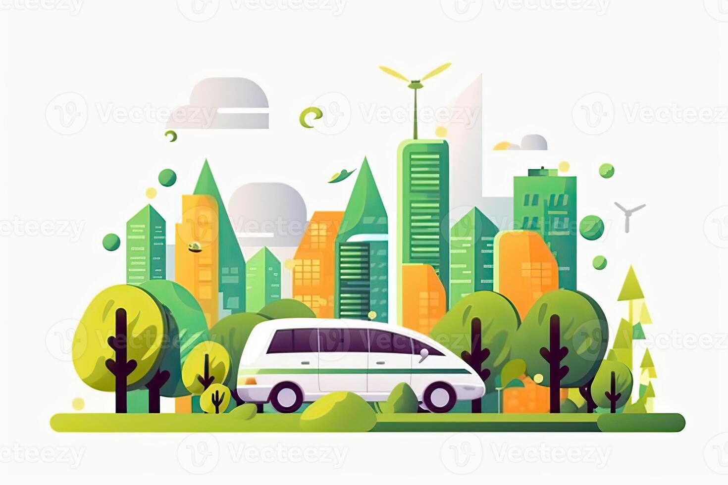 verde ecologia città con ambiente macchina. Salva il mondo e energia concetto. illustrazione nel piatto stile moderno design. generativo ai. foto