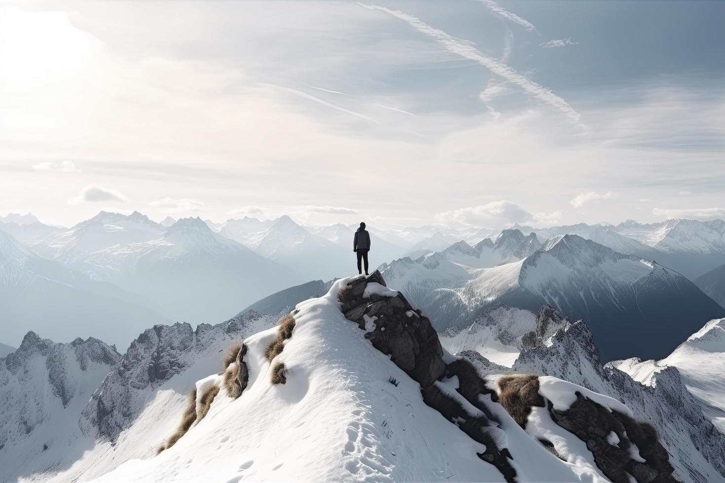 uomo in piedi su il superiore di un' Innevato montagna picco. panoramico Visualizza foto