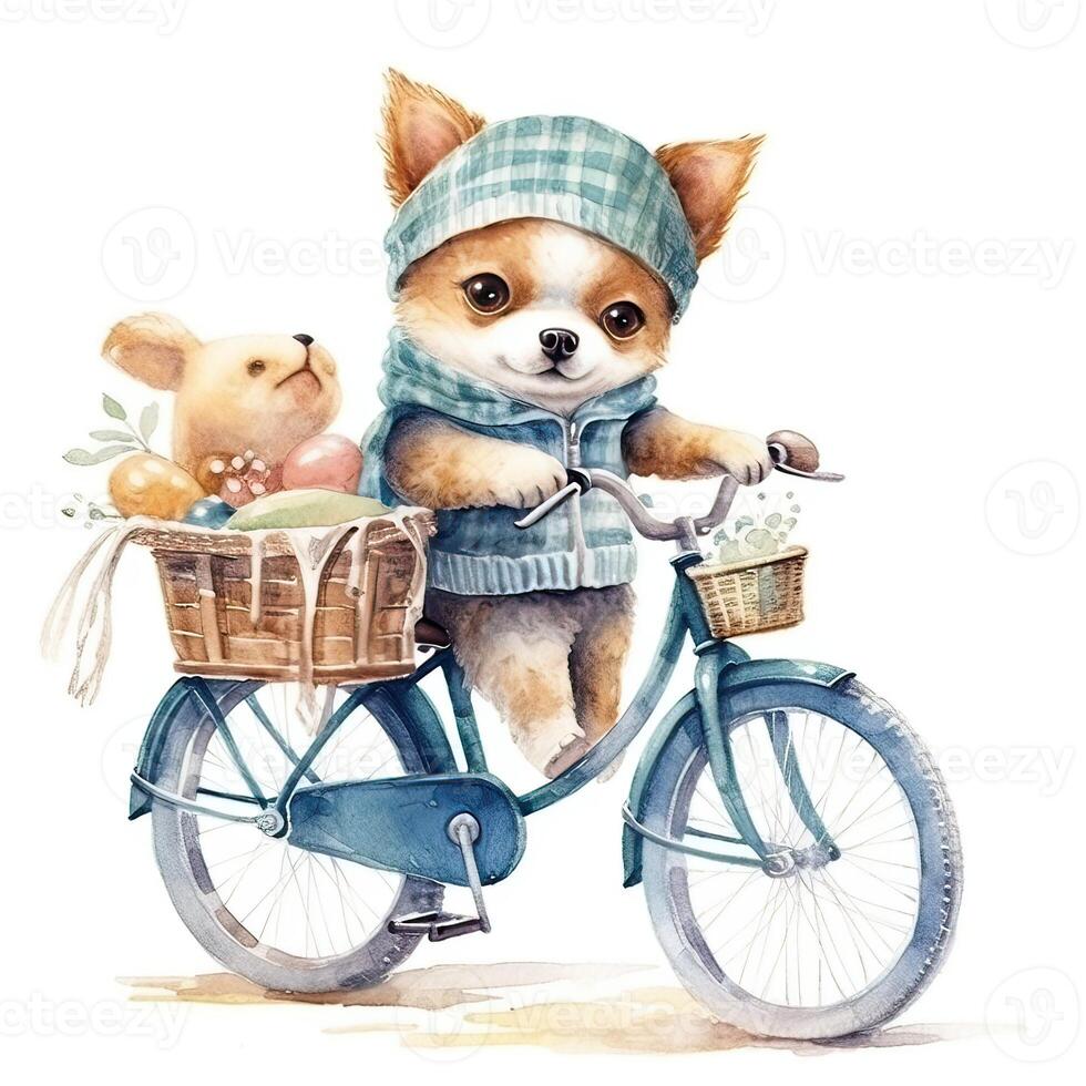 acquerello disegnato a mano illustrazione di un' carino cartone animato adorabile equitazione bicicletta su bianca sfondo. generativo ai. foto