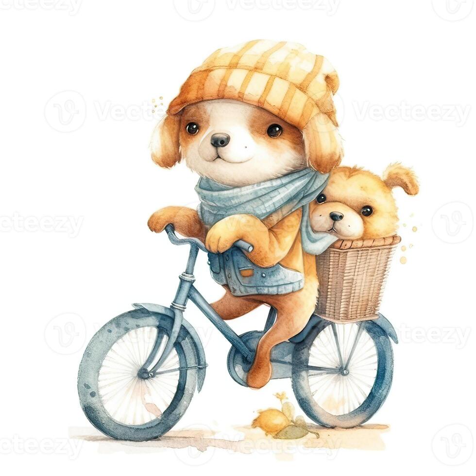 acquerello disegnato a mano illustrazione di un' carino cartone animato adorabile equitazione bicicletta su bianca sfondo. generativo ai. foto