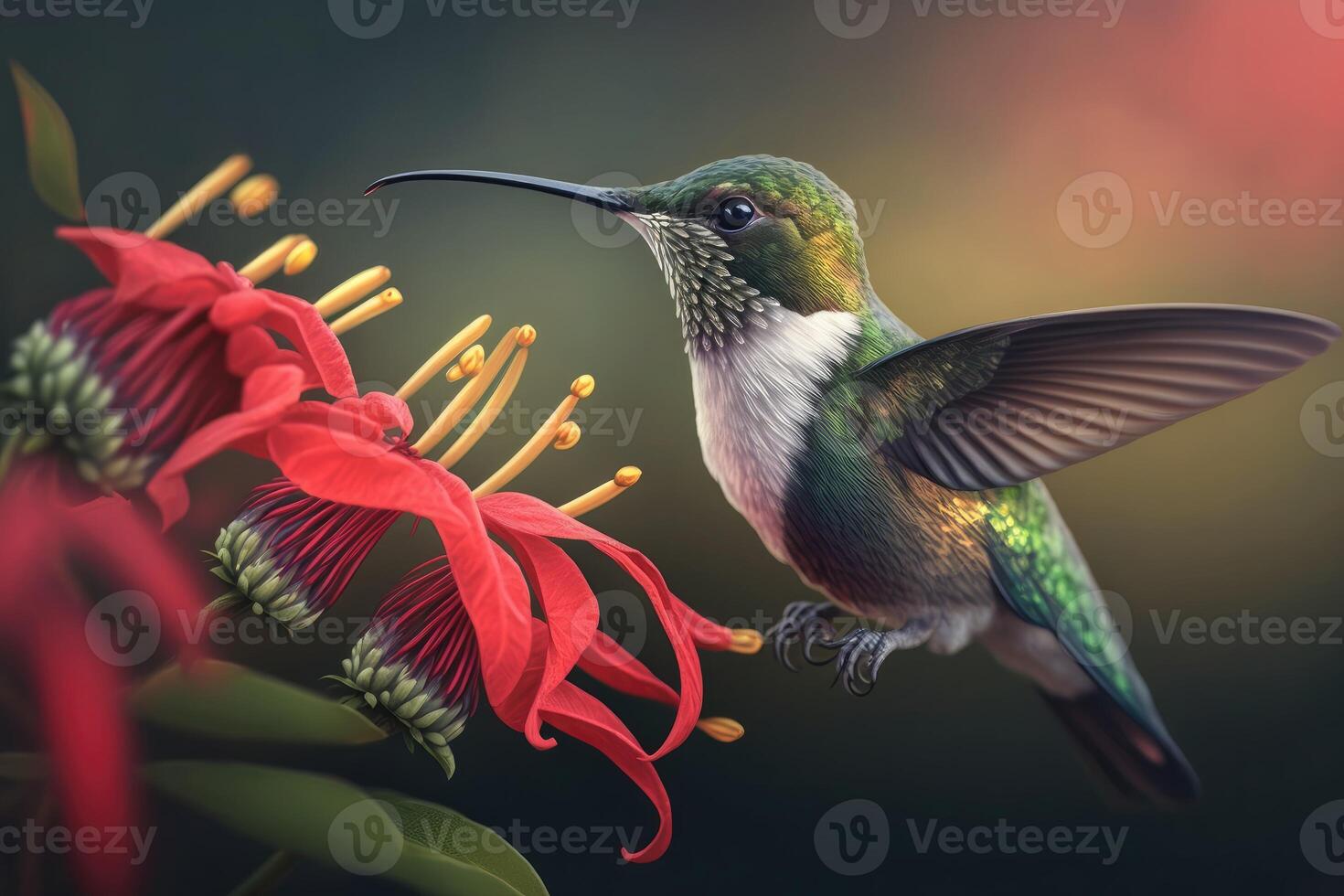 ai generato colibrì fa schifo nettare a partire dal fiore nel il mattina. vicino su. foto