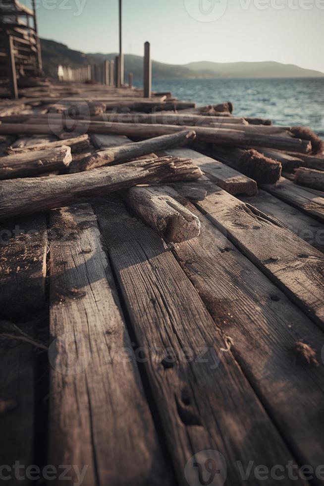 vecchio di legno molo su il spiaggia a tramonto. selettivo messa a fuoco foto