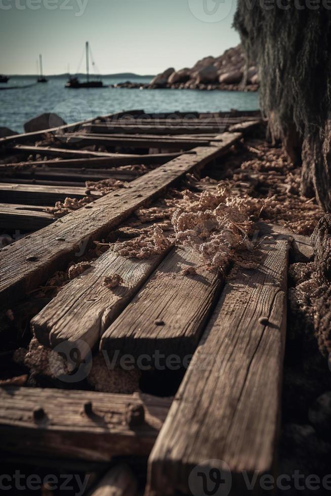 vecchio di legno molo su il spiaggia a tramonto. selettivo messa a fuoco foto