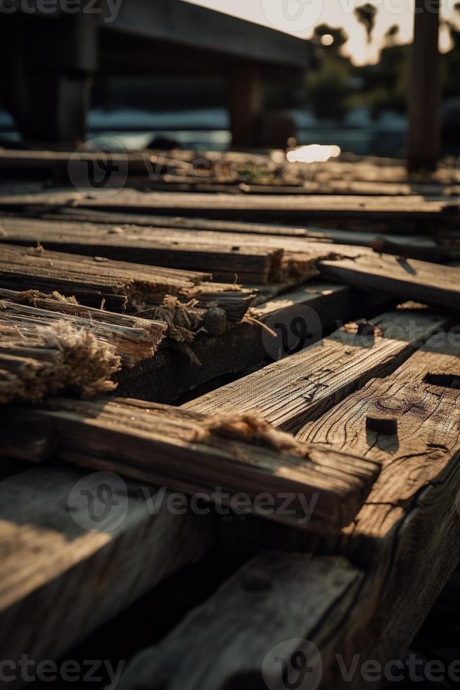 vecchio di legno molo su il spiaggia a tramonto. selettivo messa a fuoco foto