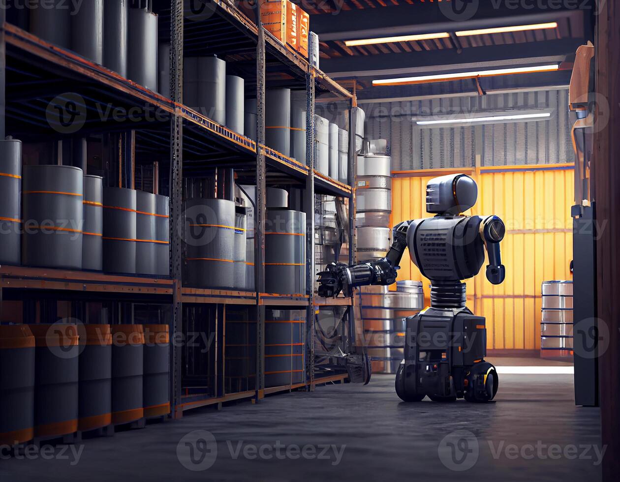 robot centro di logistica deposito,robot braccio con scatola Lavorando nel il Materiale industriale.generativo ai foto