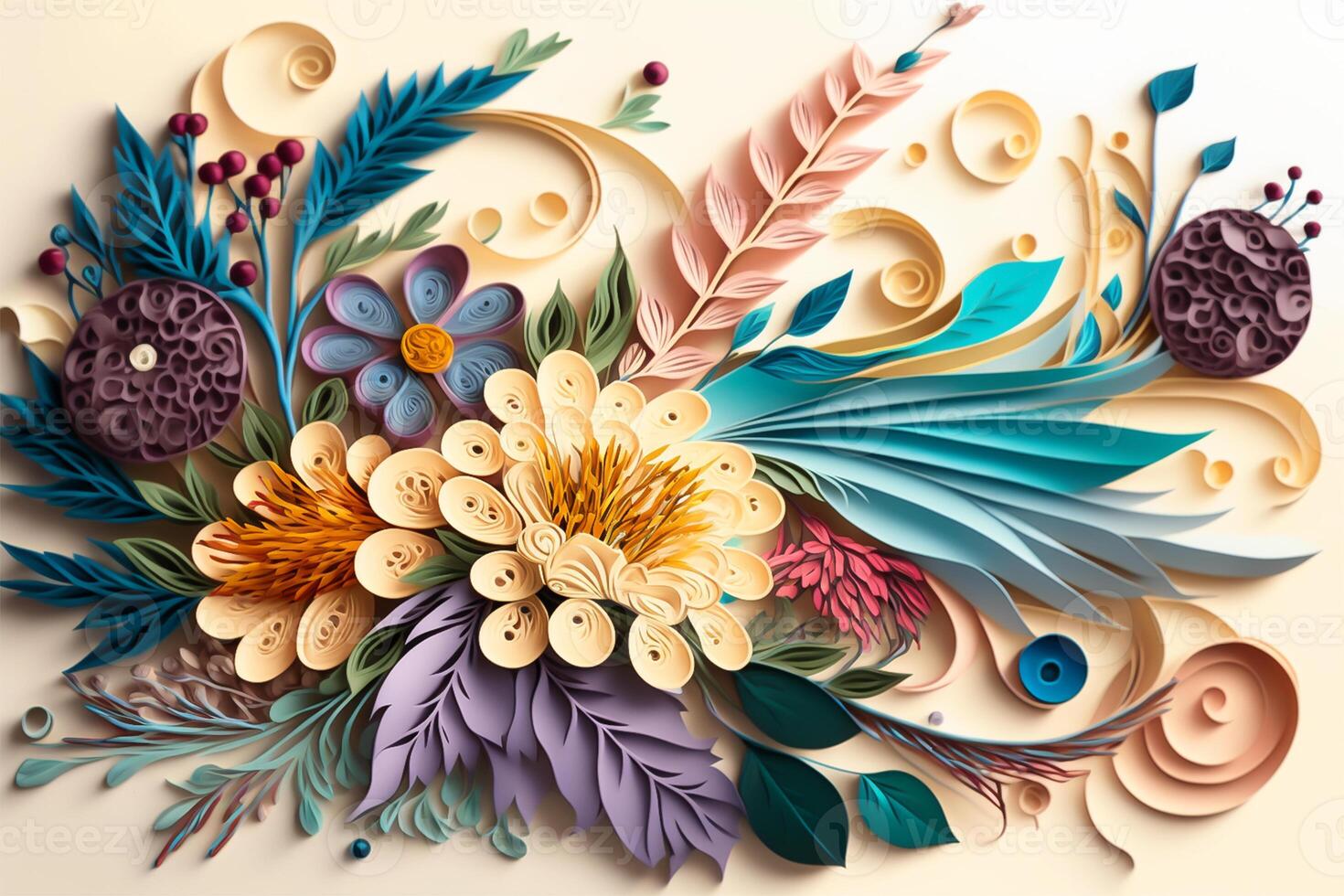 fiore mazzo preparativi nel carta quilling stile. bellissimo decorativo lavoro d'ufficio ornamento. generativo ai illustrazione. foto