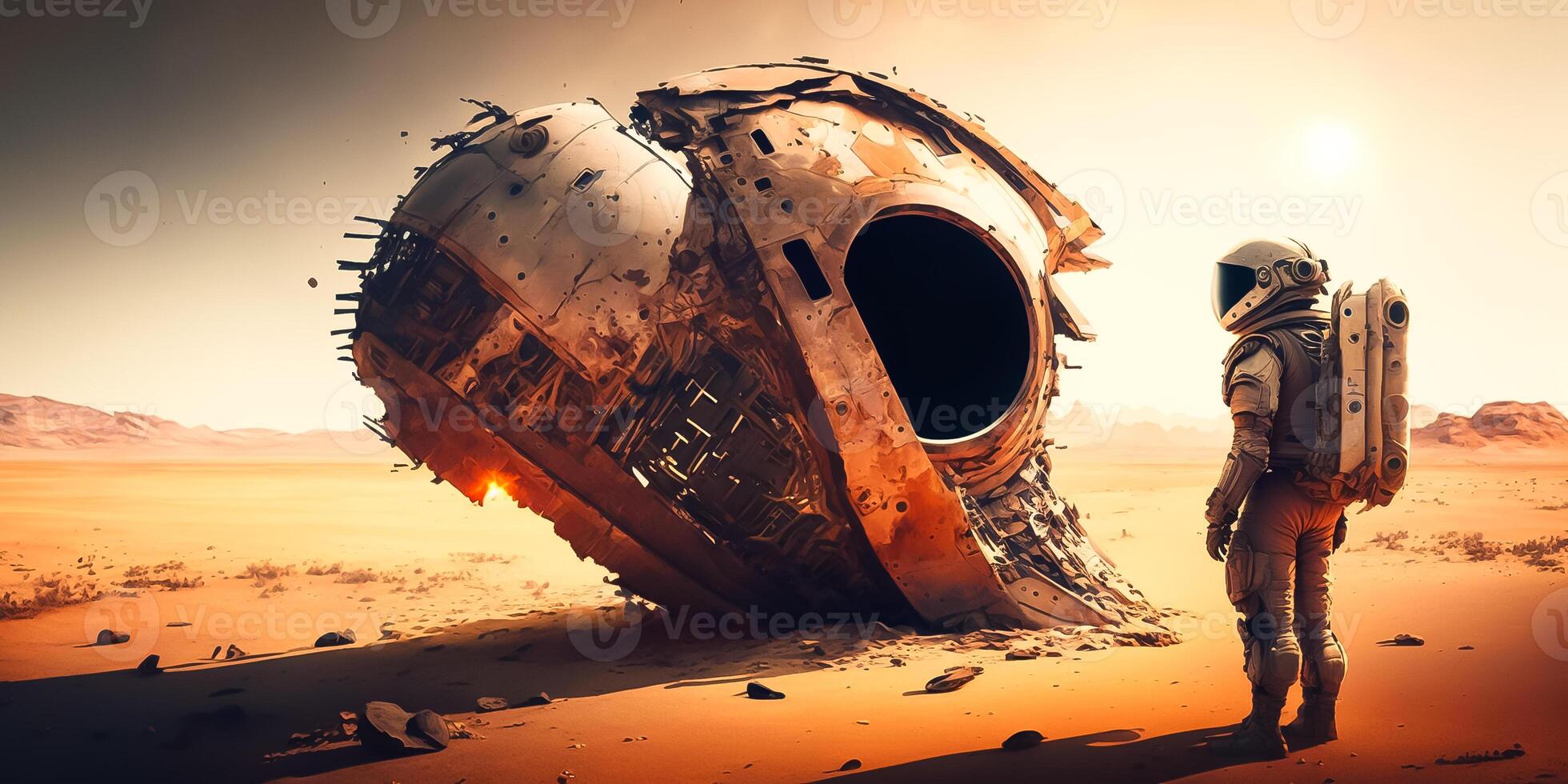 un astronauta in piedi nel davanti di rotto navicella spaziale su abbandonato pianeta. generativo ai illustrazione. foto