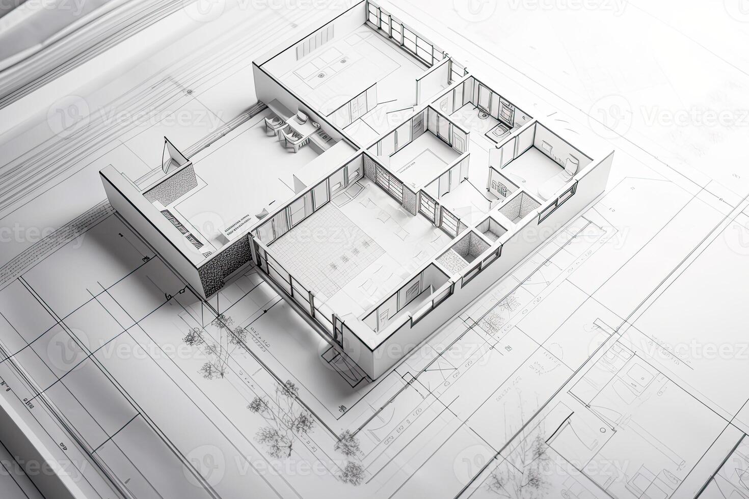 architettonico Piano su bianca carta. tecnico progetto di vivente camera. disegno per costruzione. creato con generativo ai foto