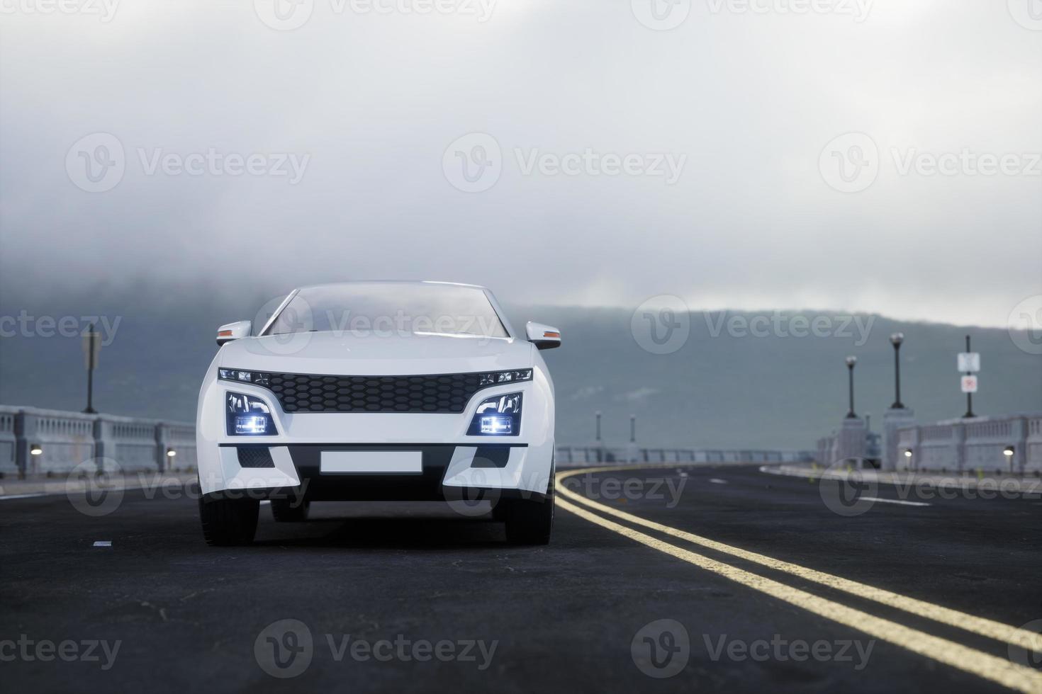 generico e senza marchio suv auto su il strada con montagna, 3d rendere foto