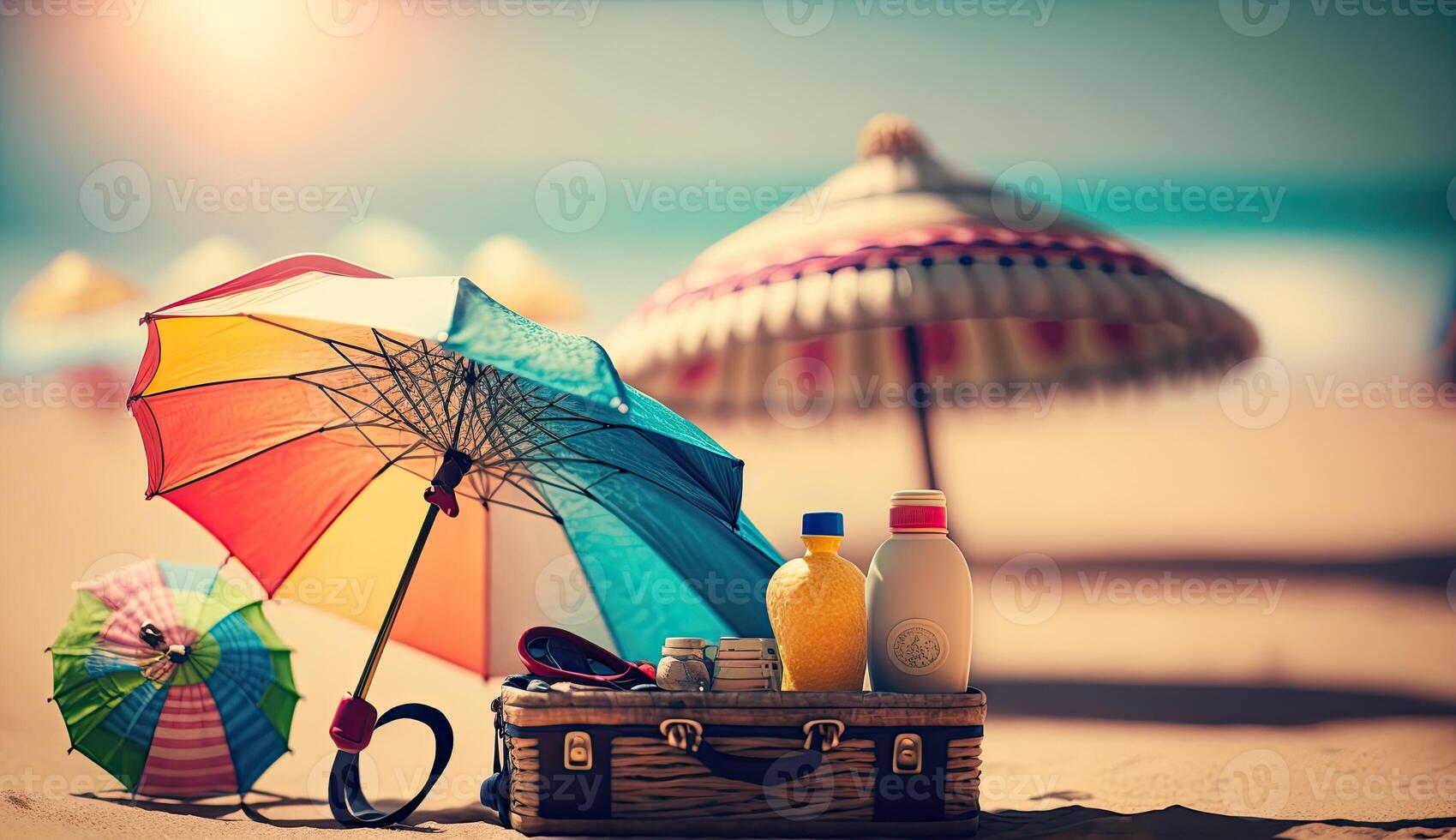 tropicale spiaggia con prendere il sole Accessori, occhiali da sole, estate vacanza concetto sfondo foto