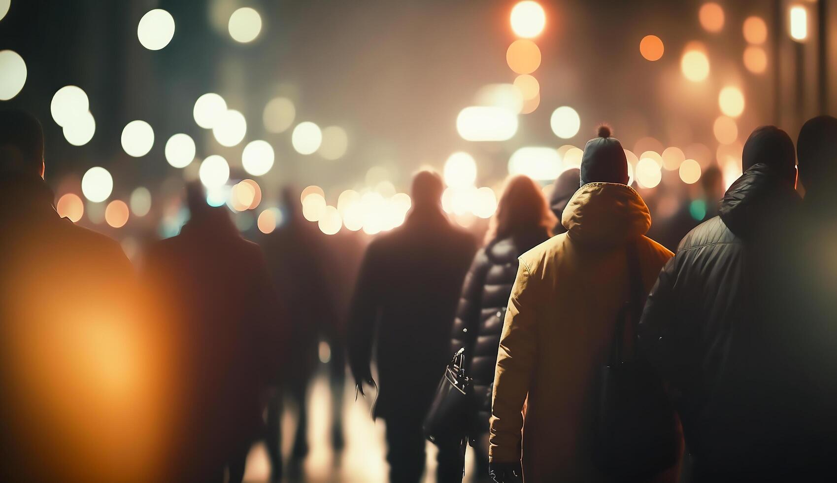 folla di persone a piedi nel il strada con morbido bokeh, veloce in movimento nel città, generativo ai foto