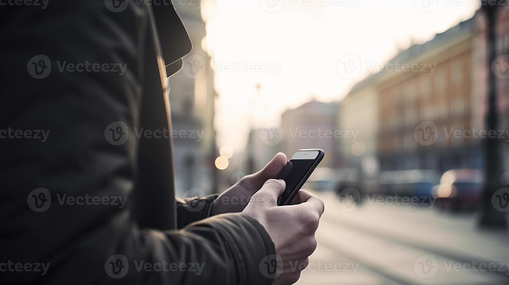 vicino su di un' uomo utilizzando mobile inteligente Telefono nel il città foto