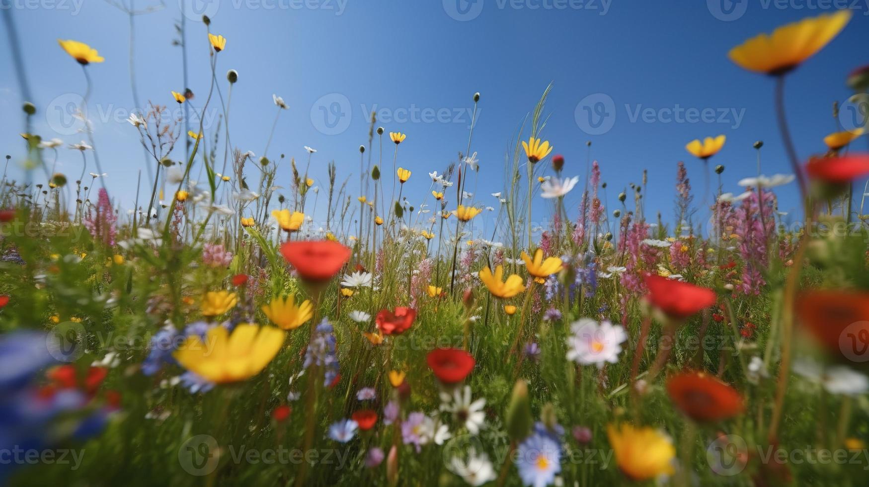 colorato fiori nel un' prato su un' soleggiato estate giorno, bello prato con papaveri e altro fiori selvatici foto