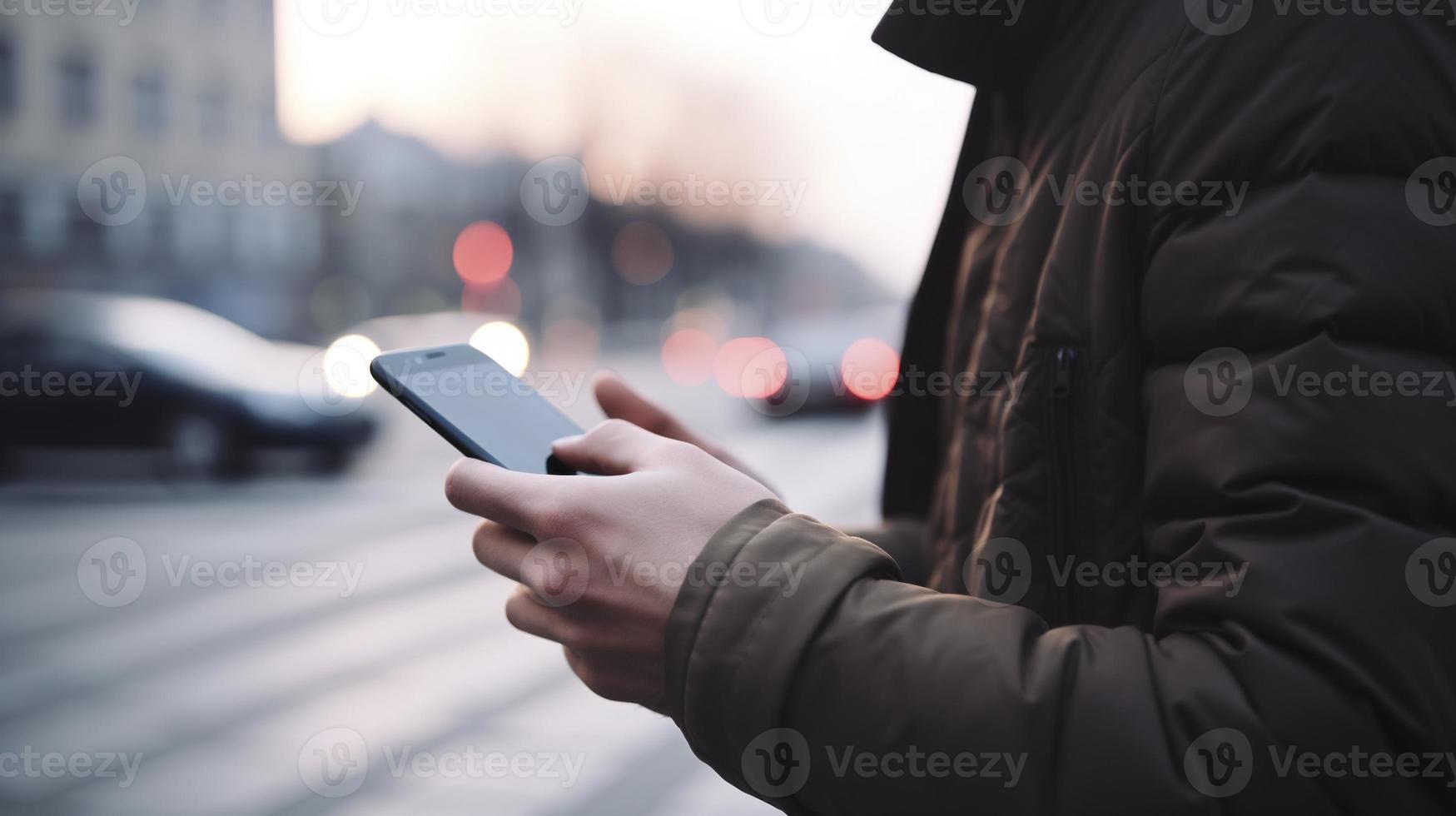 vicino su di un' uomo utilizzando mobile inteligente Telefono nel il città foto