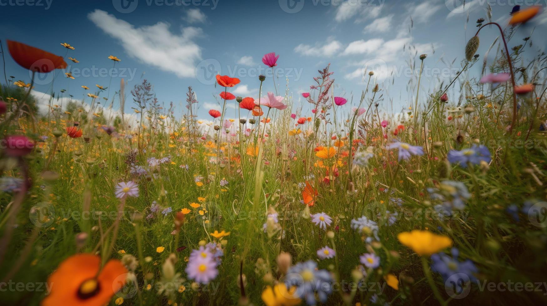 colorato fiori nel un' prato su un' soleggiato estate giorno, bello prato con papaveri e altro fiori selvatici foto