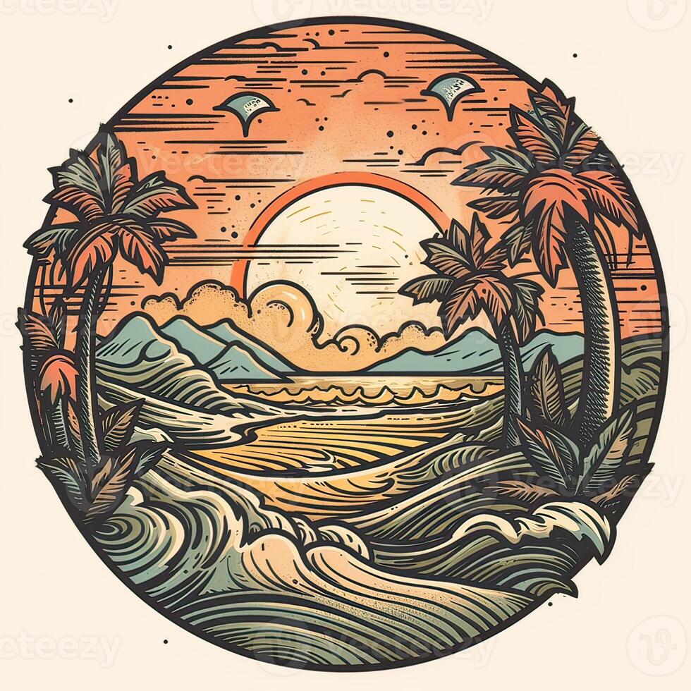illustrazione di tropicale paesaggio con palma alberi, oceano e montagna. cartone animato piatto panoramico paesaggio, tramonto con il palme arte retrò stile illustrazione. generativo ai. foto