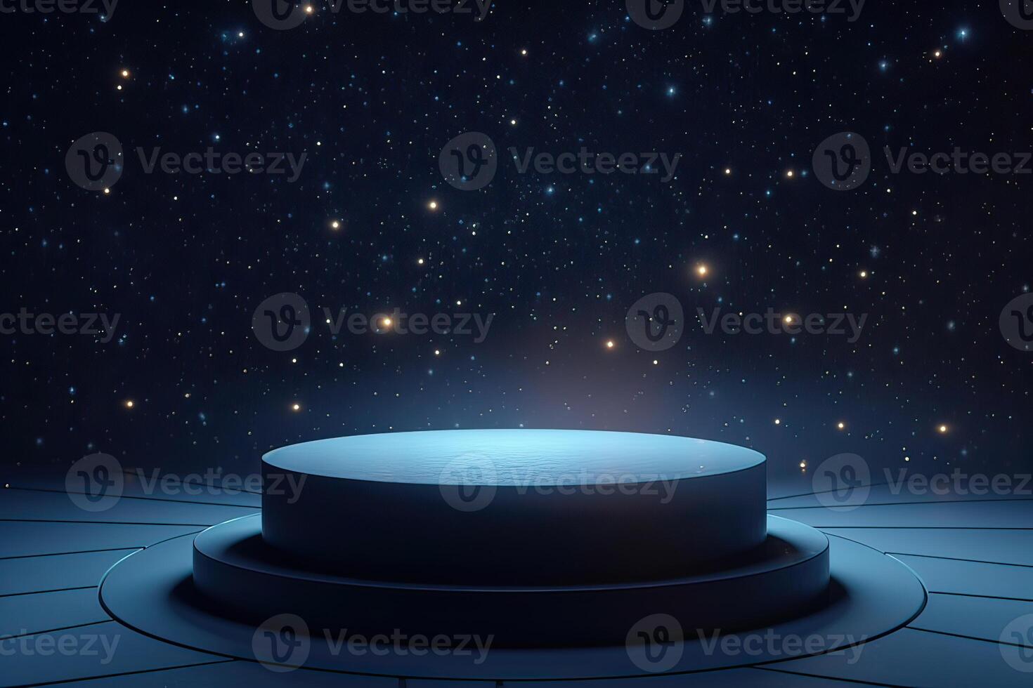 piattaforma e naturale podio sfondo su il notte con stellato notte cielo per Prodotto Schermo, vuoto vetrina, finto su modello o cosmetico presentazione. generativo ai. foto