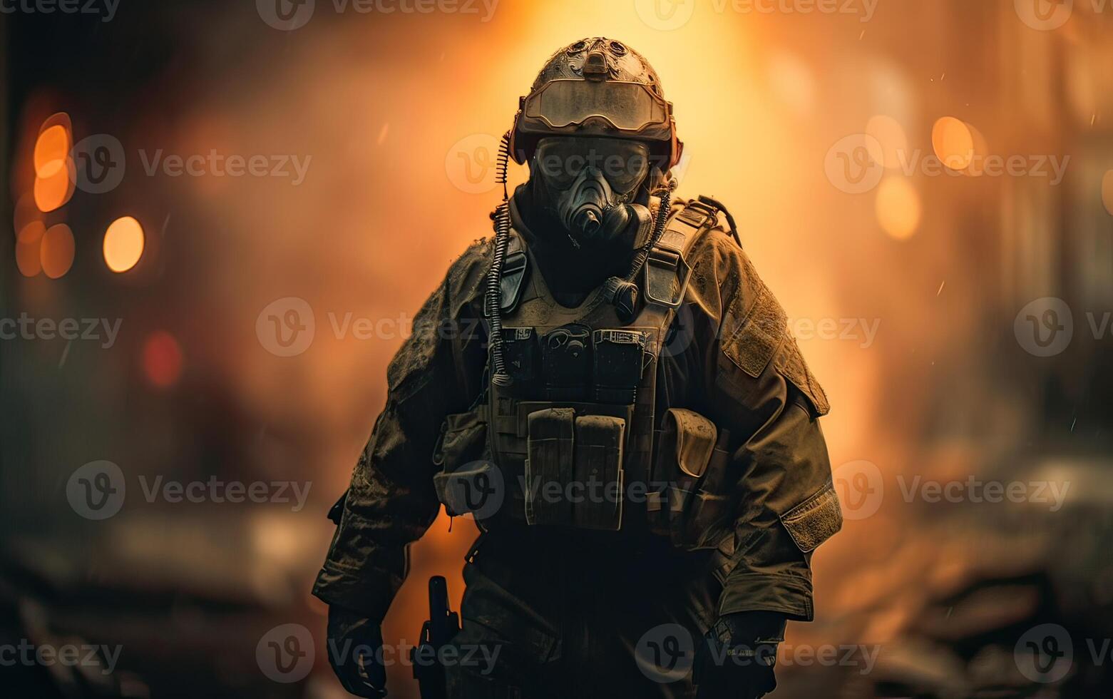 professionale soldato vestito nel protettivo uniforme contro fuoco. soldato nel uniforme di speciale forze nel un' pericoloso militare azione nel un' pericoloso nemico la zona. inesistente persona. generativo ai. foto