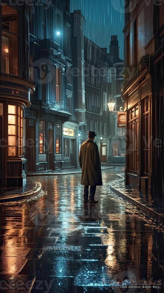 un' uomo era a piedi solo a notte e pioggia attraverso un' buio vialetto nel il città. inesistente persona. generativo ai. foto