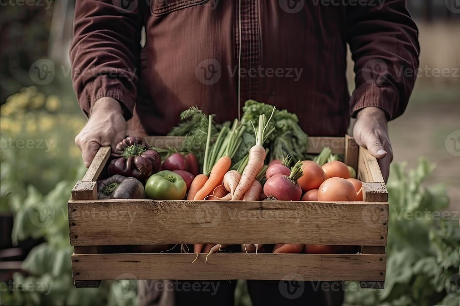 cestino con verdure cavolo, carote, cetrioli, ravanello e peperoni nel il mani di un' contadino sfondo di natura concetto di biologico, bio prodotti. generativo ai. foto