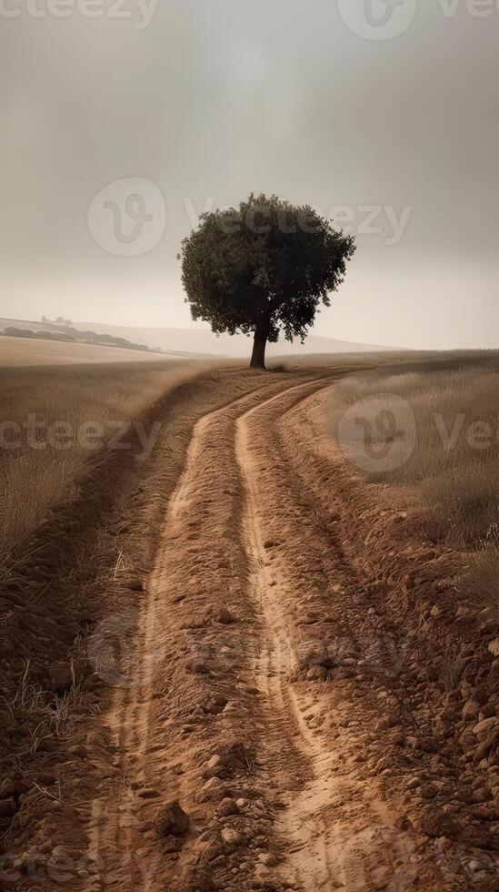 illustrazione arte di paesaggio, albero su prato a Alba con sole e mist.abstract surreale illustrazione. generativo ai. foto