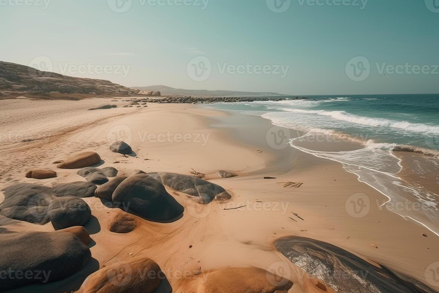 sorprendente spiaggia con infinito orizzonte e tracce su il sabbia. generativo ai. foto