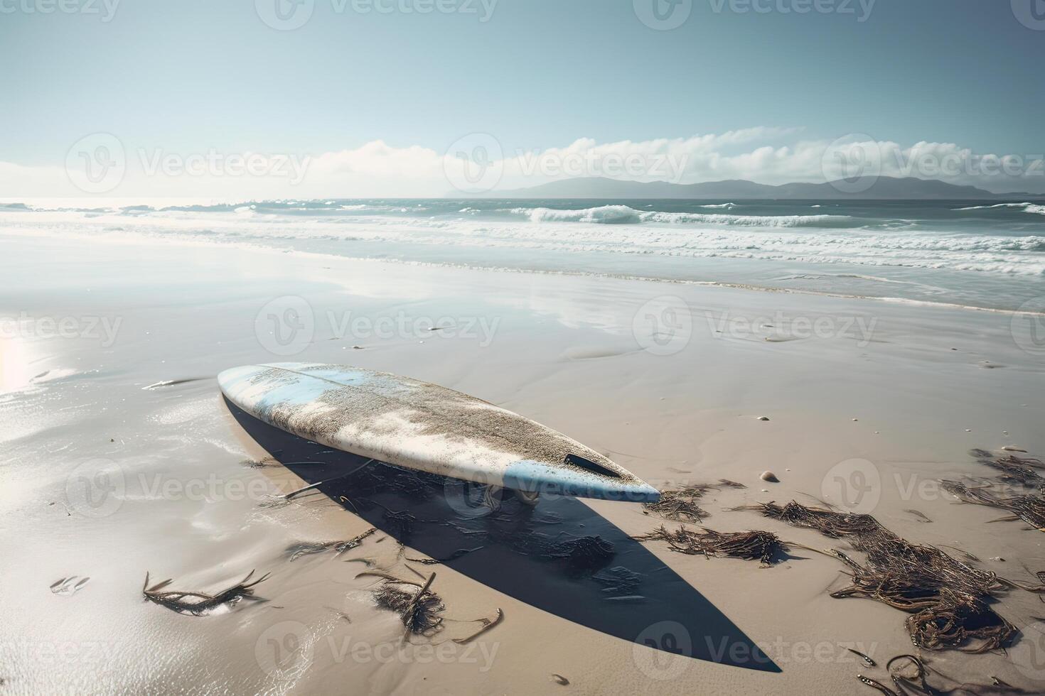 tavola da surf su il spiaggia con spiaggia cartello per fare surf la zona. viaggio avventura e acqua sport. rilassamento e estate vacanza concetto. Vintage ▾ colore tono Immagine. generativo ai foto