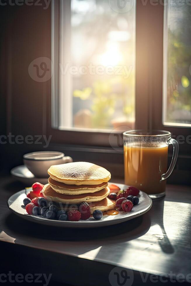 delizioso Pancakes, con fresco mirtilli, fragole e acero sciroppo su un' leggero sfondo. con copia spazio. dolce acero sciroppo flussi a partire dal un' pila di pancake. generativo ai. foto