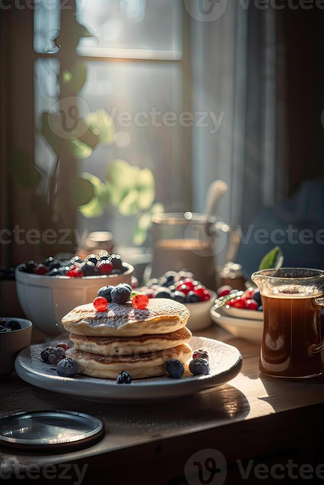 delizioso Pancakes, con fresco mirtilli, fragole e acero sciroppo su un' leggero sfondo. con copia spazio. dolce acero sciroppo flussi a partire dal un' pila di pancake. generativo ai. foto