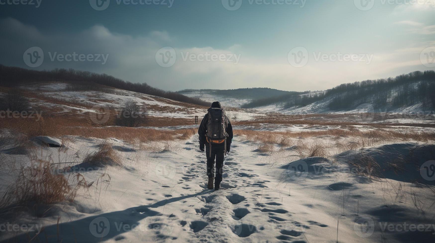 escursionista con zaino a piedi su nevoso pista nel inverno montagne. viaggio e avventura concetto.inverno paesaggio foto