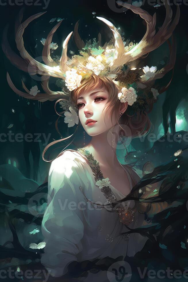bellissimo mistero Gotico donna nel lungo bianca vestito con cervo corna nel autunno foresta. buio fantasia creatura elfo nel Magia Di legno. creato con generativo ai. foto