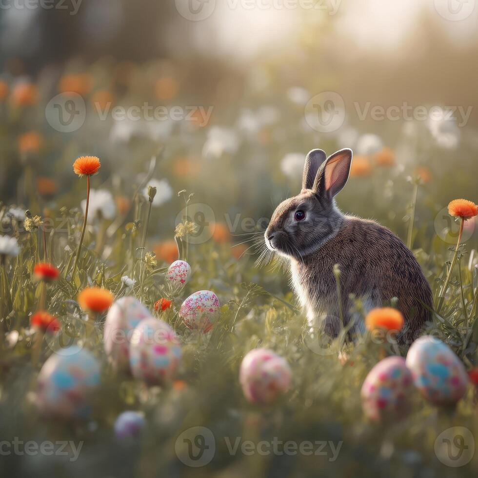 Pasqua carino coniglio si siede con uova su il sfondo di primavera natura. creato con generativo ai. foto