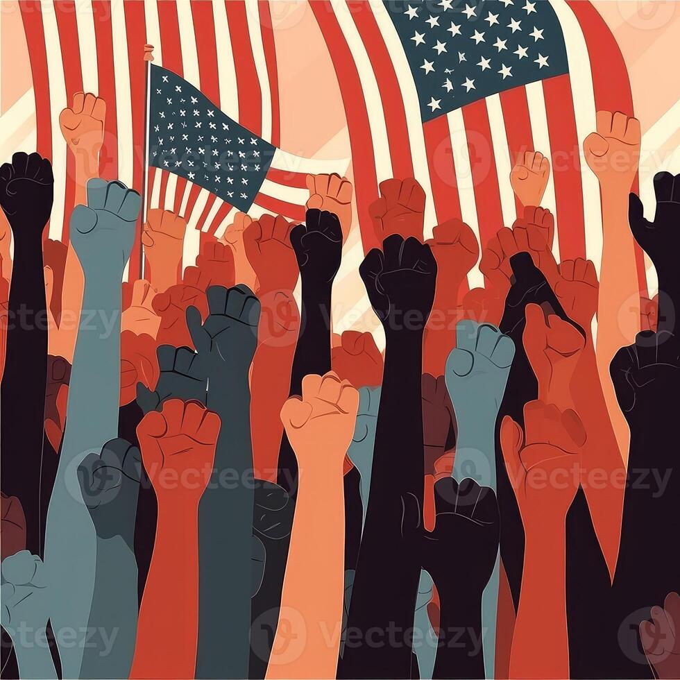 il concetto di il lotta per diritti e libertà. protesta. mani stretto in pugni contro il fondale di il americano bandiera. piatto illustrazione. creato con generativo ai. foto