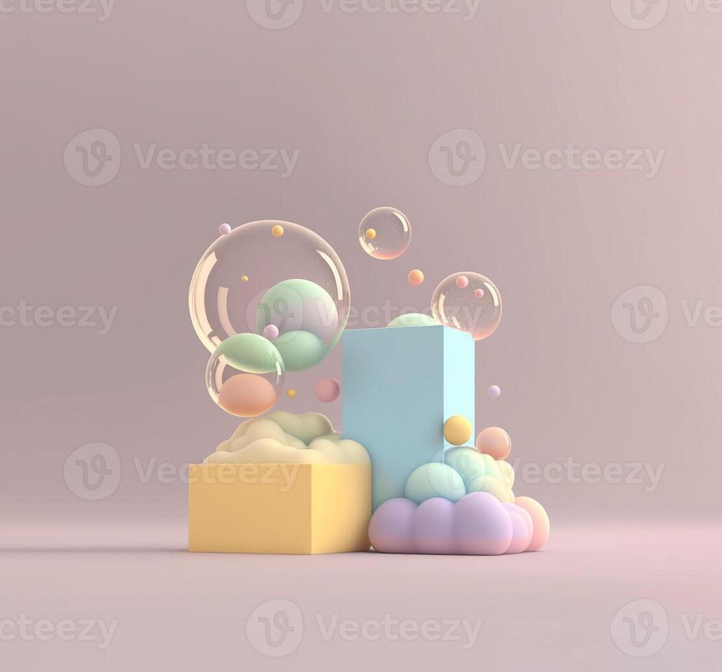 generativo ai illustrazioni. colorato sapone bolle su palcoscenico colorato podio decorazione, pastello colore, finto su Prodotto Schermo. astratto trasparente bolle. foto