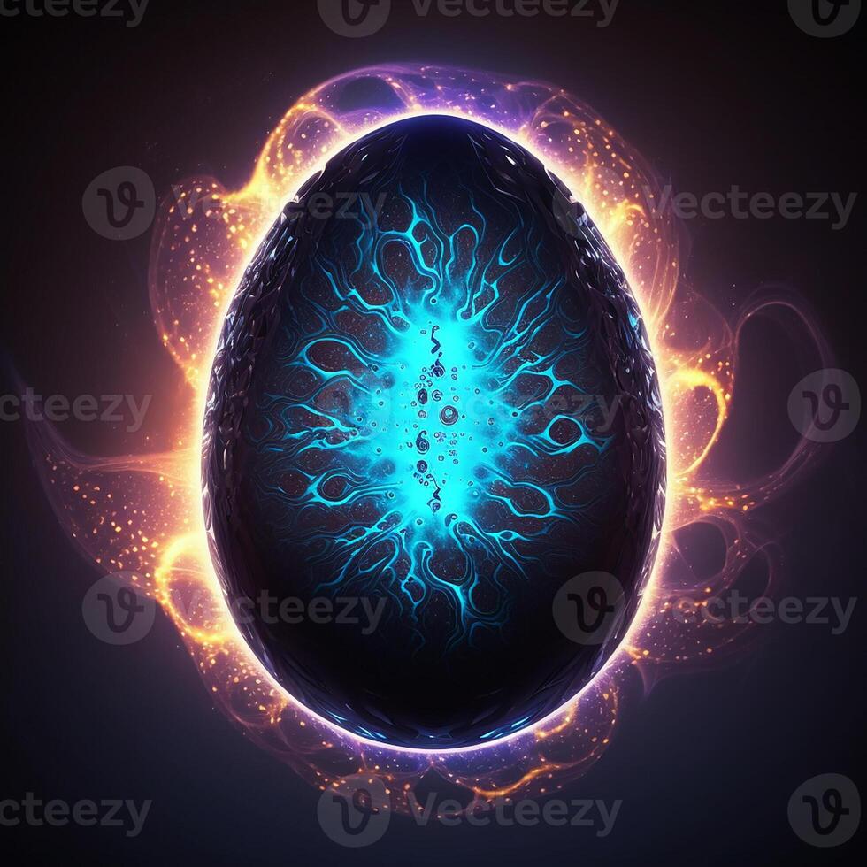 Pasqua galassia futuristico uovo, nero e blu futuristico colori. il uovo è un' simbolo di il nascita di vita. generativo ai. foto