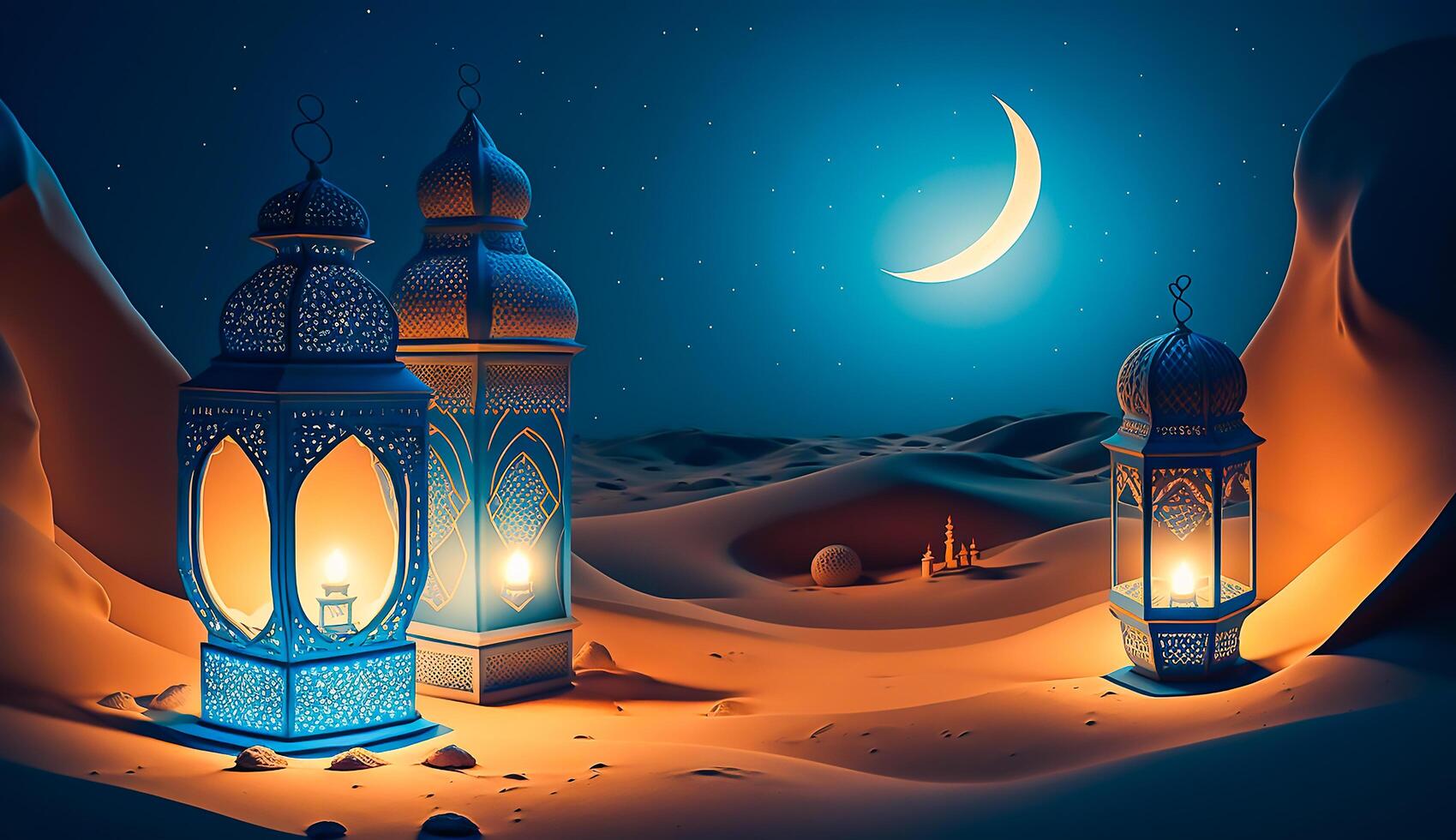 Ramadan kareem a tema, lanterna islamico moschea e mezzaluna Luna nel il deserto a notte, generativo ai foto