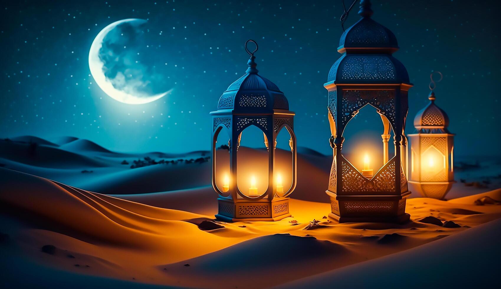 Ramadan kareem a tema, lanterna islamico moschea e mezzaluna Luna nel il deserto a notte, generativo ai foto