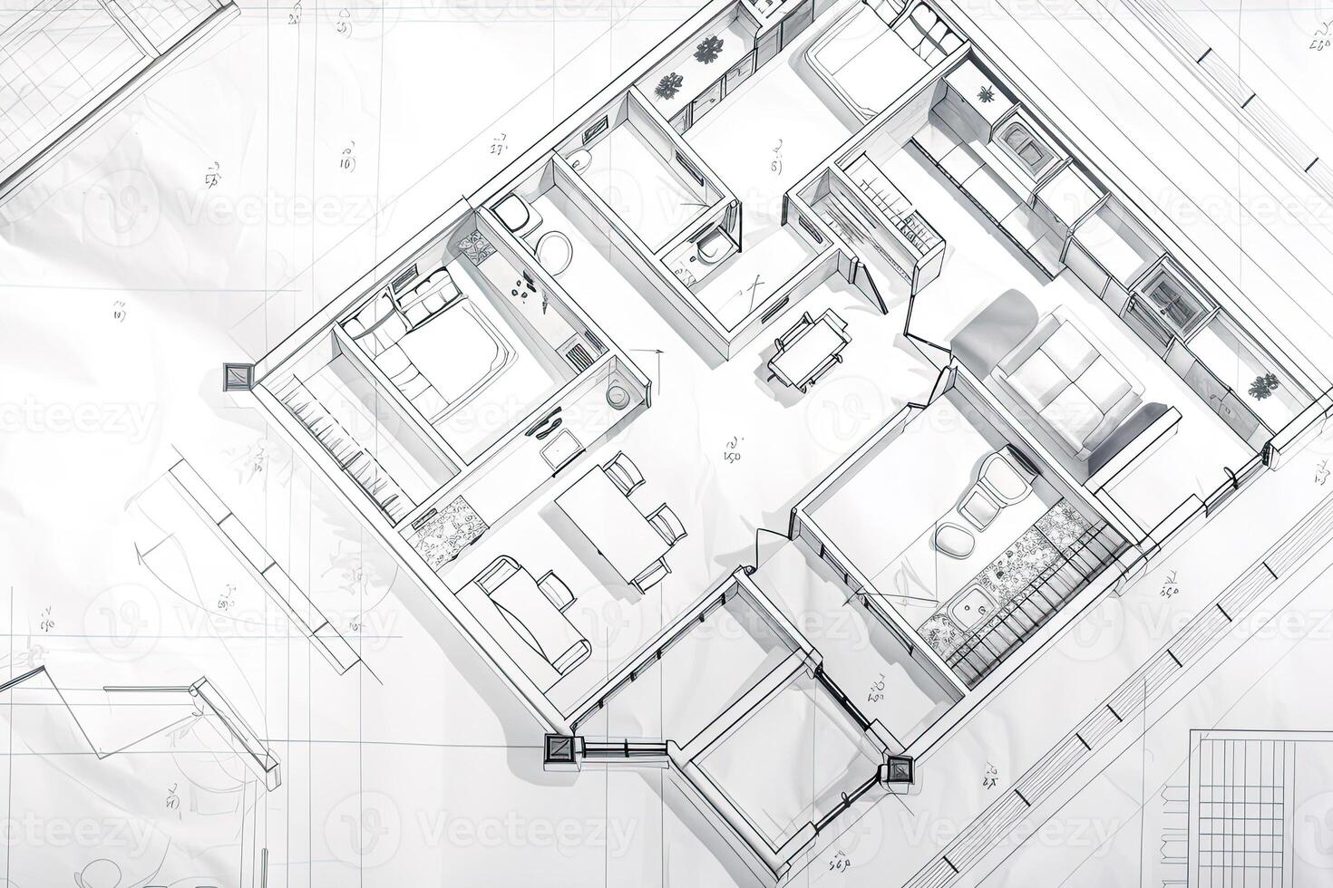 architettonico Piano su bianca carta. tecnico progetto di vivente camera. disegno per costruzione. creato con generativo ai foto