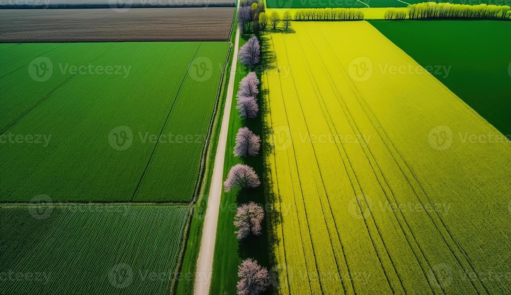 generativo ai, azienda agricola paesaggio, agricolo campi, bellissimo campagna, nazione strada. natura illustrazione, fotorealistico superiore Visualizza drone, orizzontale striscione. foto